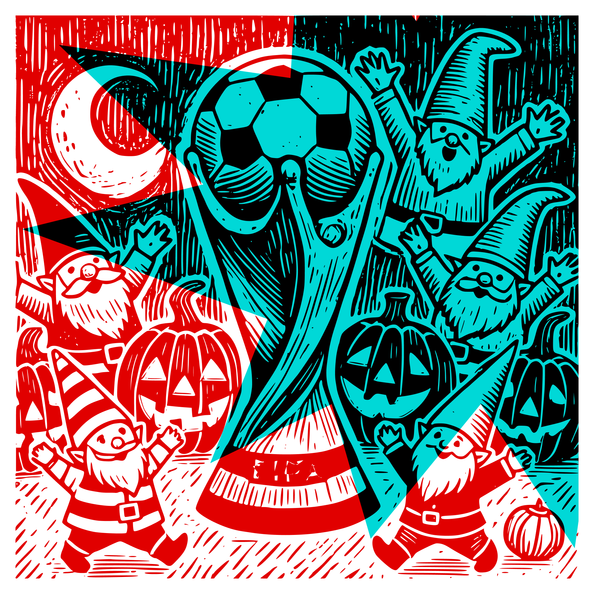 Christmas gnomes and Halloween pumpkins celebrating around the World Cup in football trophy